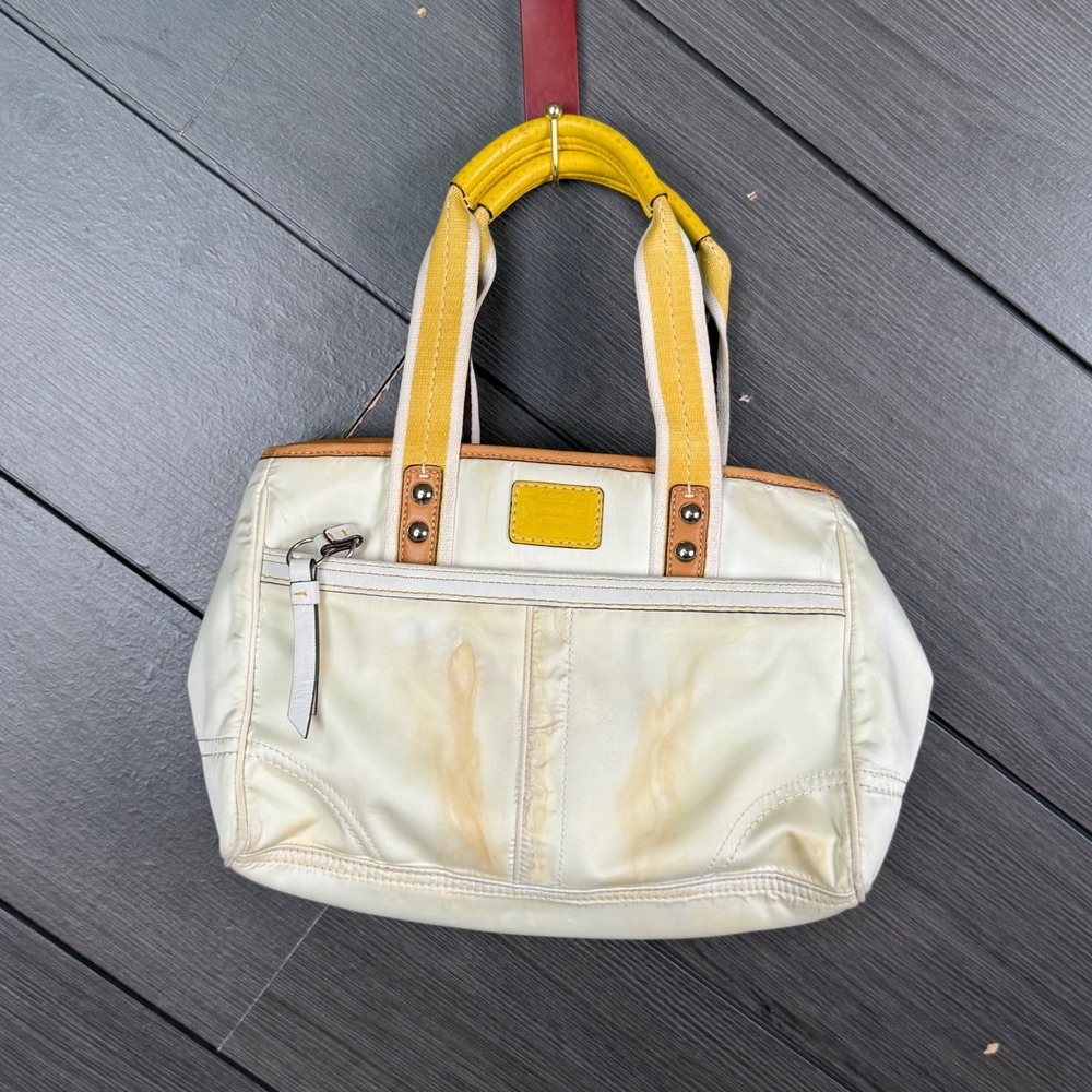 Coach F1192 White Nylon Leather Trim Satchel Handbag Yellow Project Bag